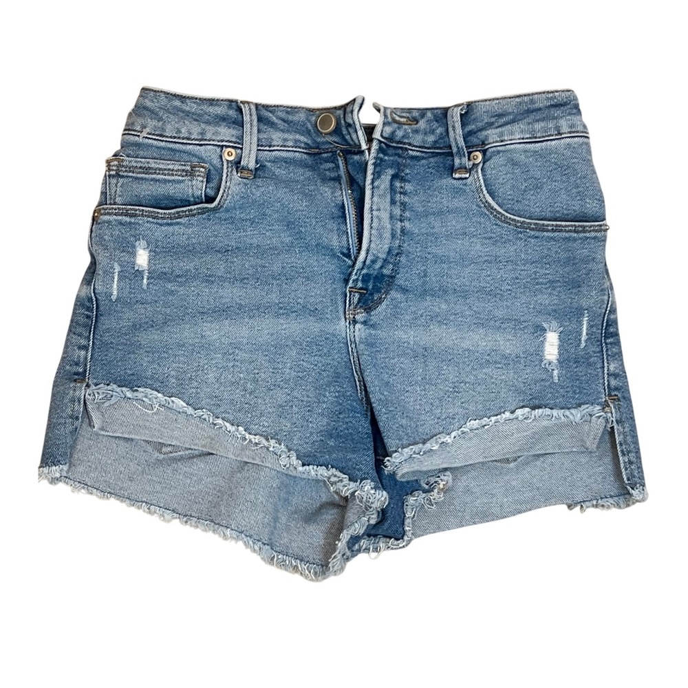 Good American Womens High Rise Distressed Denim Shorts Blue Size 2 26 Raw Hem